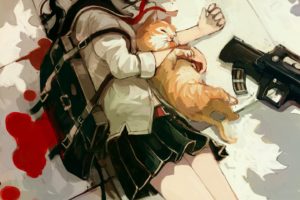 anime, Girl, Cats, Kitty, Blood, Book, Pencil, School, Uniform, Weapon