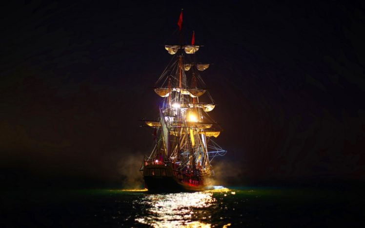 ship,  , Ocean,  , Sails night light HD Wallpaper Desktop Background