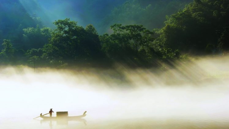 nature, River, Fishing, Boat, Lake, Sunrise HD Wallpaper Desktop Background