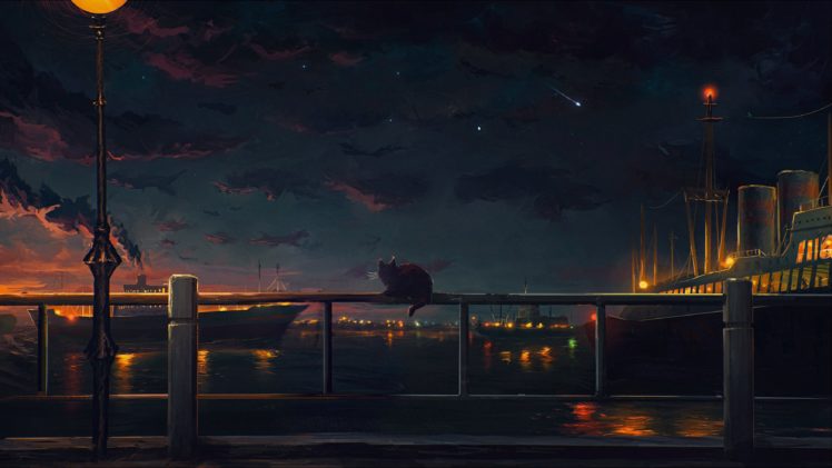 anime, Landscape, Sky, City, Light, Sky, Sea, Ship HD Wallpaper Desktop Background