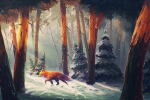 anime, Fox, Tree, Animal, Sunshine, Forest, Snow, Winter