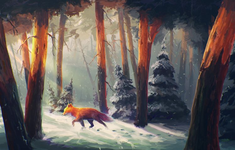 anime, Fox, Tree, Animal, Sunshine, Forest, Snow, Winter HD Wallpaper Desktop Background
