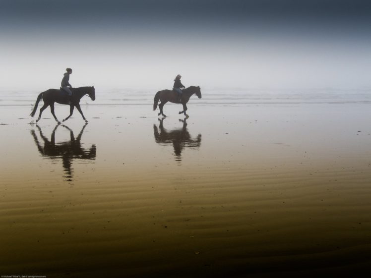 horses, Riders, Beach, Fog, Morning HD Wallpaper Desktop Background