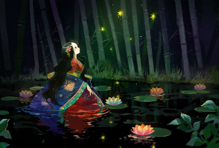 lake, Anime, Girl, Original, Forest, Magic, Lotus, Kimono, Long, Hair HD Wallpaper Desktop Background