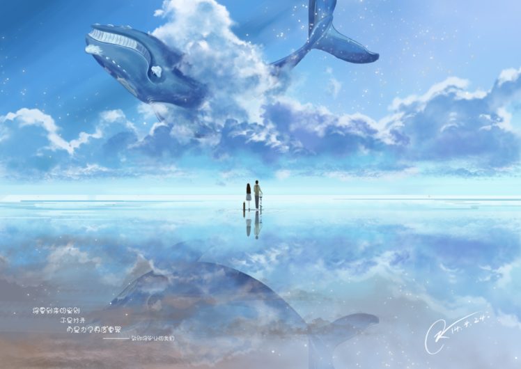original, Anime, Couple, Sky, Animal, Whale, Blue, Water HD Wallpaper Desktop Background