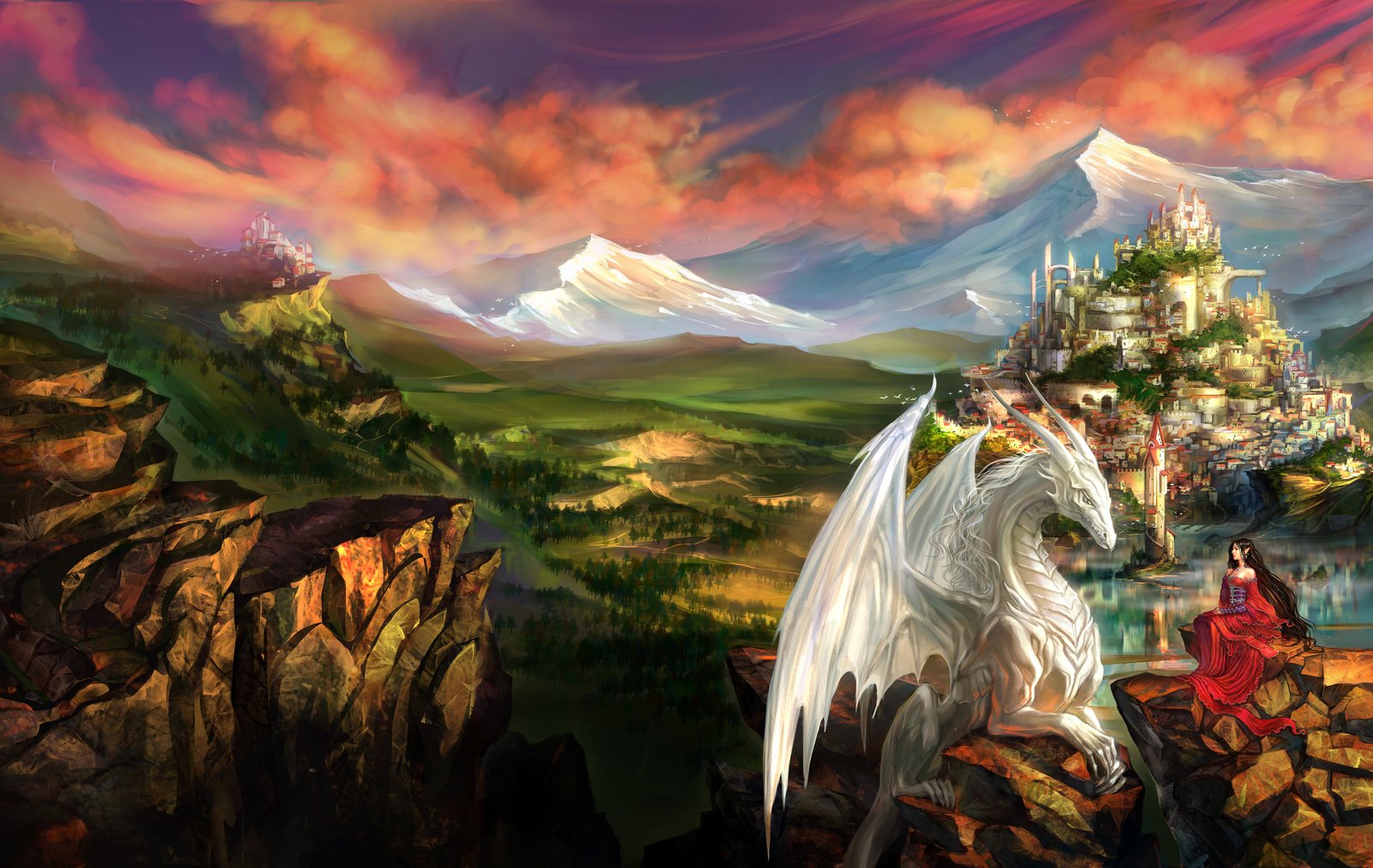 fantasy, Elf, White, Dragon, Mountain, Landscape, Red, Dress Wallpaper