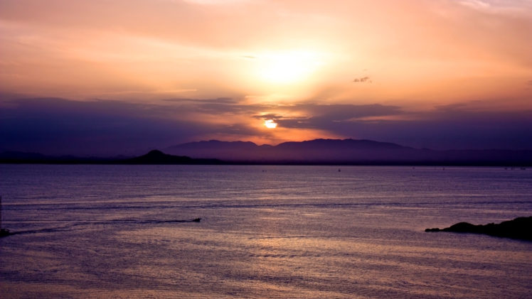 sunset, Mountains, Ocean, Landscapes, Beach, Seascapes HD Wallpaper Desktop Background
