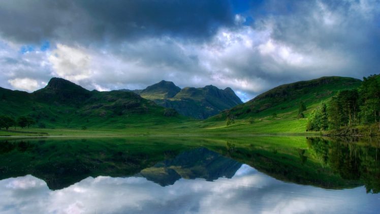 ake, Green, Hills, Reflection, Mirror, Rainy, Clouds HD Wallpaper Desktop Background