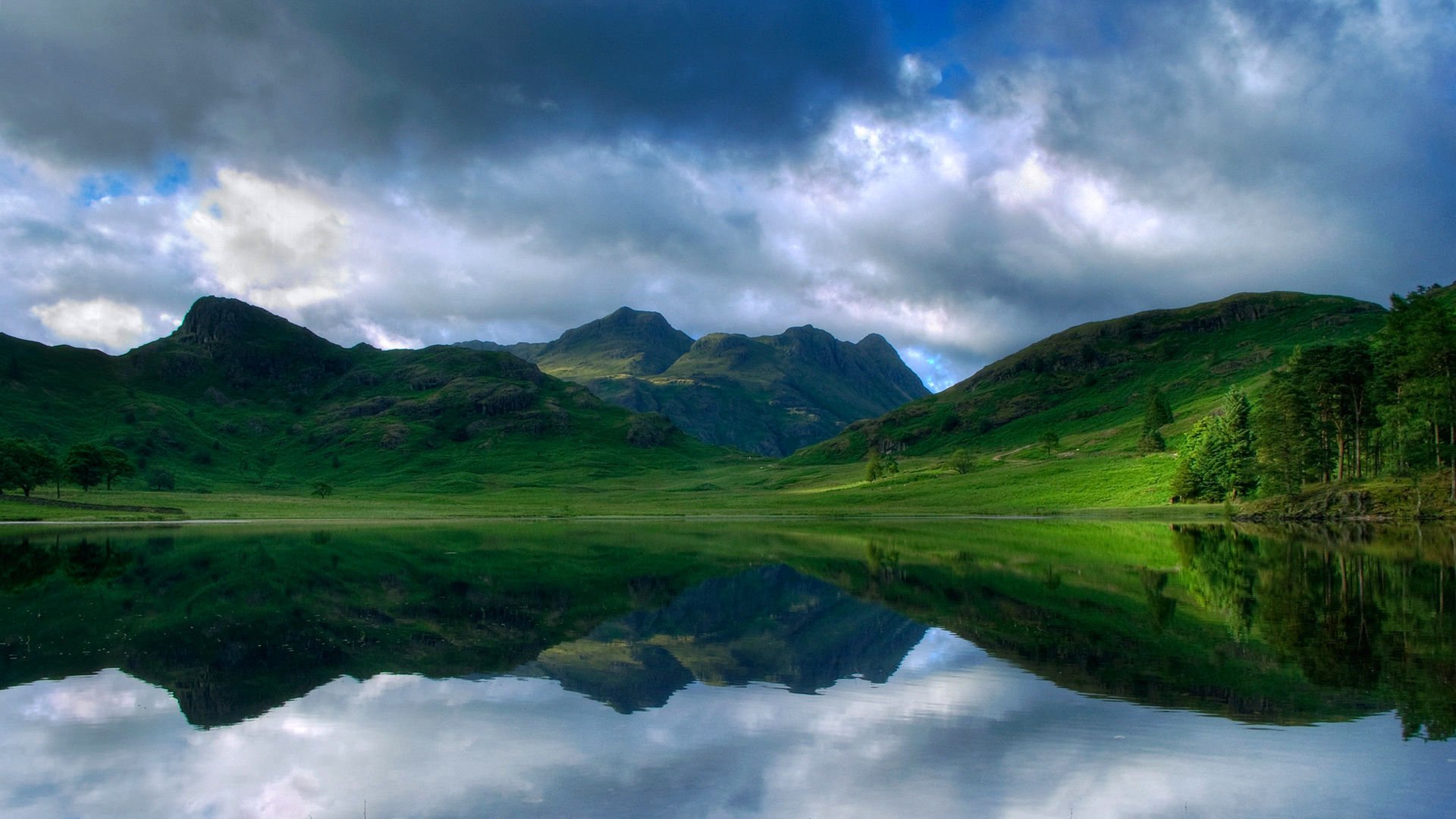 ake, Green, Hills, Reflection, Mirror, Rainy, Clouds Wallpaper