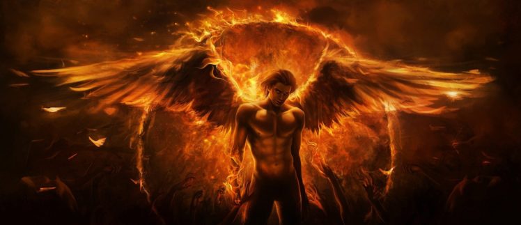 fantasy, Male angels artwork design fire, Wings HD Wallpaper Desktop Background