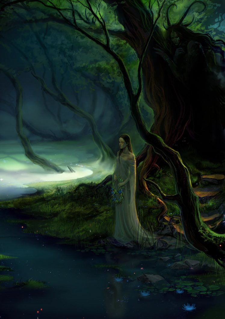 fantasy, Forest, Tree, Fairy, Girl, Dress, Lake, Flower, Lotus HD Wallpaper Desktop Background