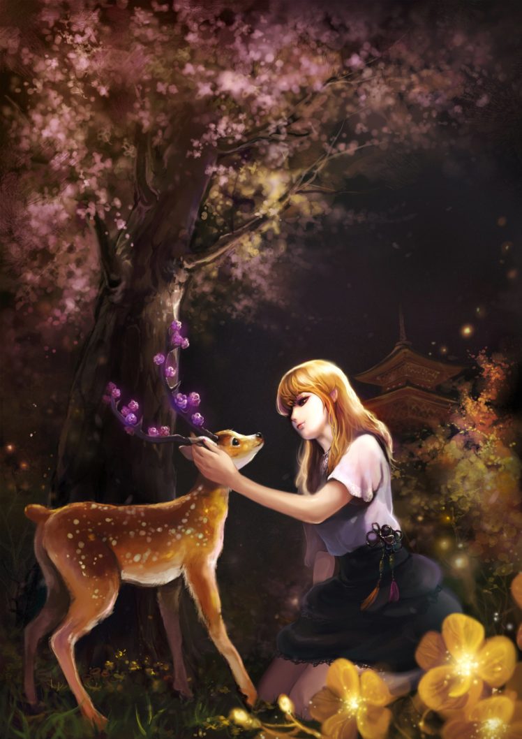 deer, Fantasy, Forest, Girl, Animal, Long, Hair, Dress, Flower HD Wallpaper Desktop Background