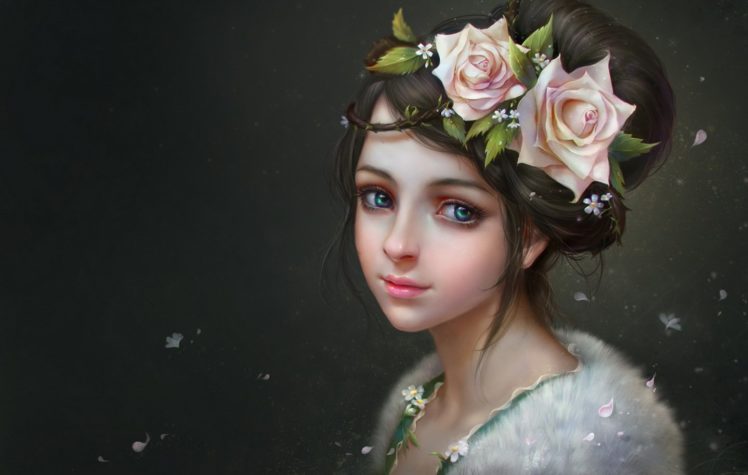 original, Flower, Hair, Face, Green, Eyes, Fantasy, Beautiful, Dress HD Wallpaper Desktop Background
