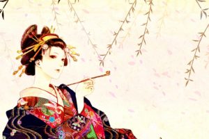 anime, Girl, Cat, Animal, Kimono, Smoking, Design