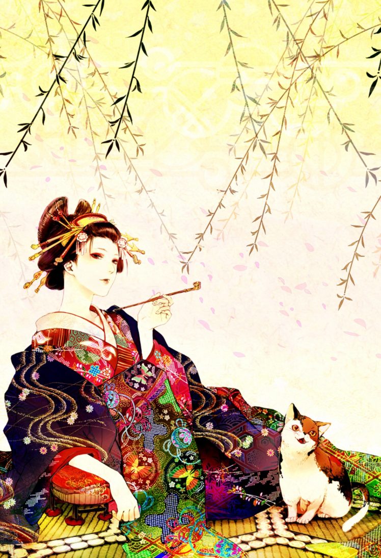 anime, Girl, Cat, Animal, Kimono, Smoking, Design HD Wallpaper Desktop Background