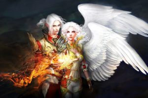 fantasy, Couple, Angels, Wings, Fire, White, Hair