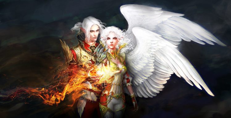 fantasy, Couple, Angels, Wings, Fire, White, Hair HD Wallpaper Desktop Background