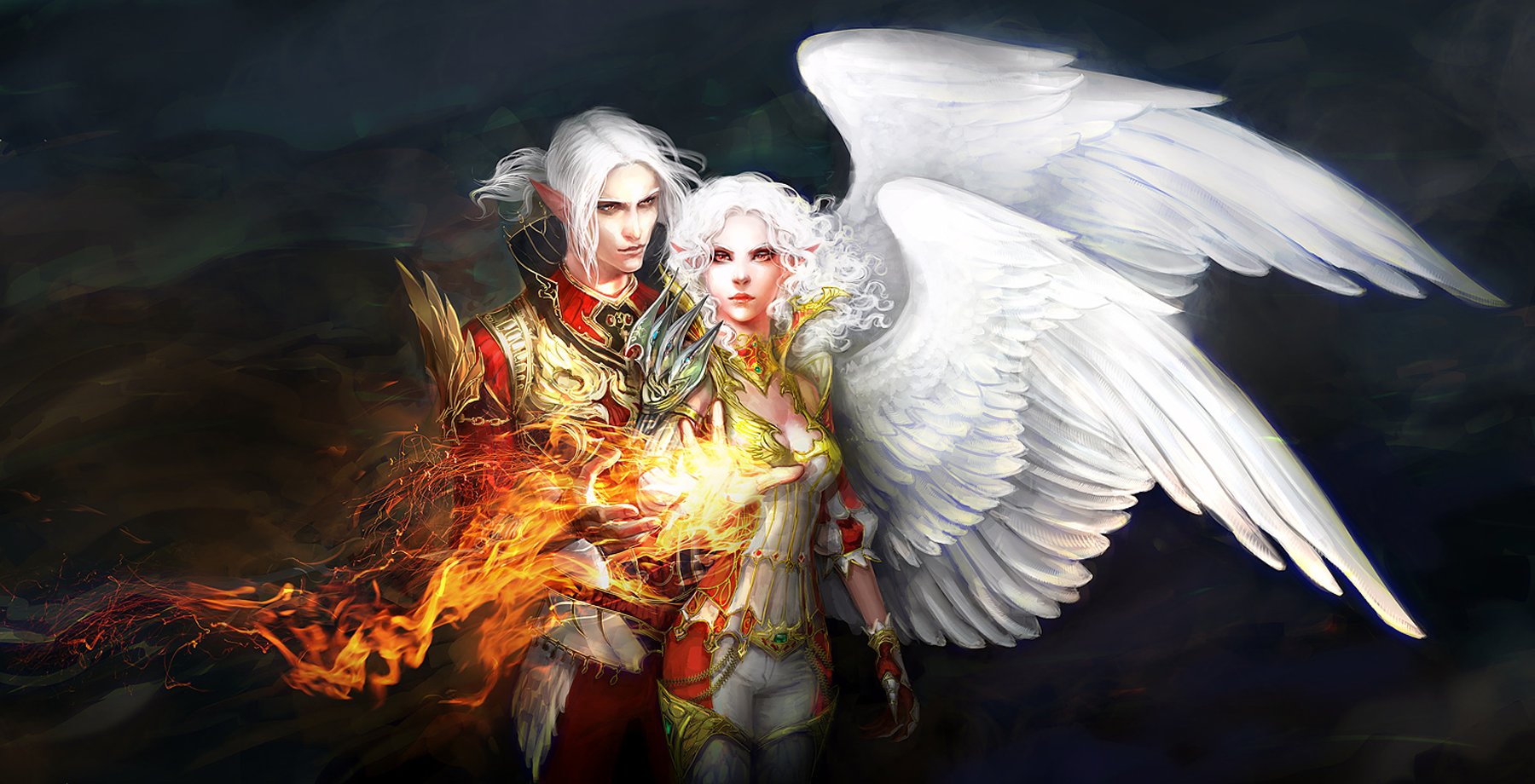 fantasy, Couple, Angels, Wings, Fire, White, Hair Wallpaper