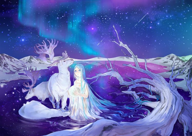 original, Deer, Girl, Animal, Color long hair sky, Long hair aqua eyes aqua hair HD Wallpaper Desktop Background