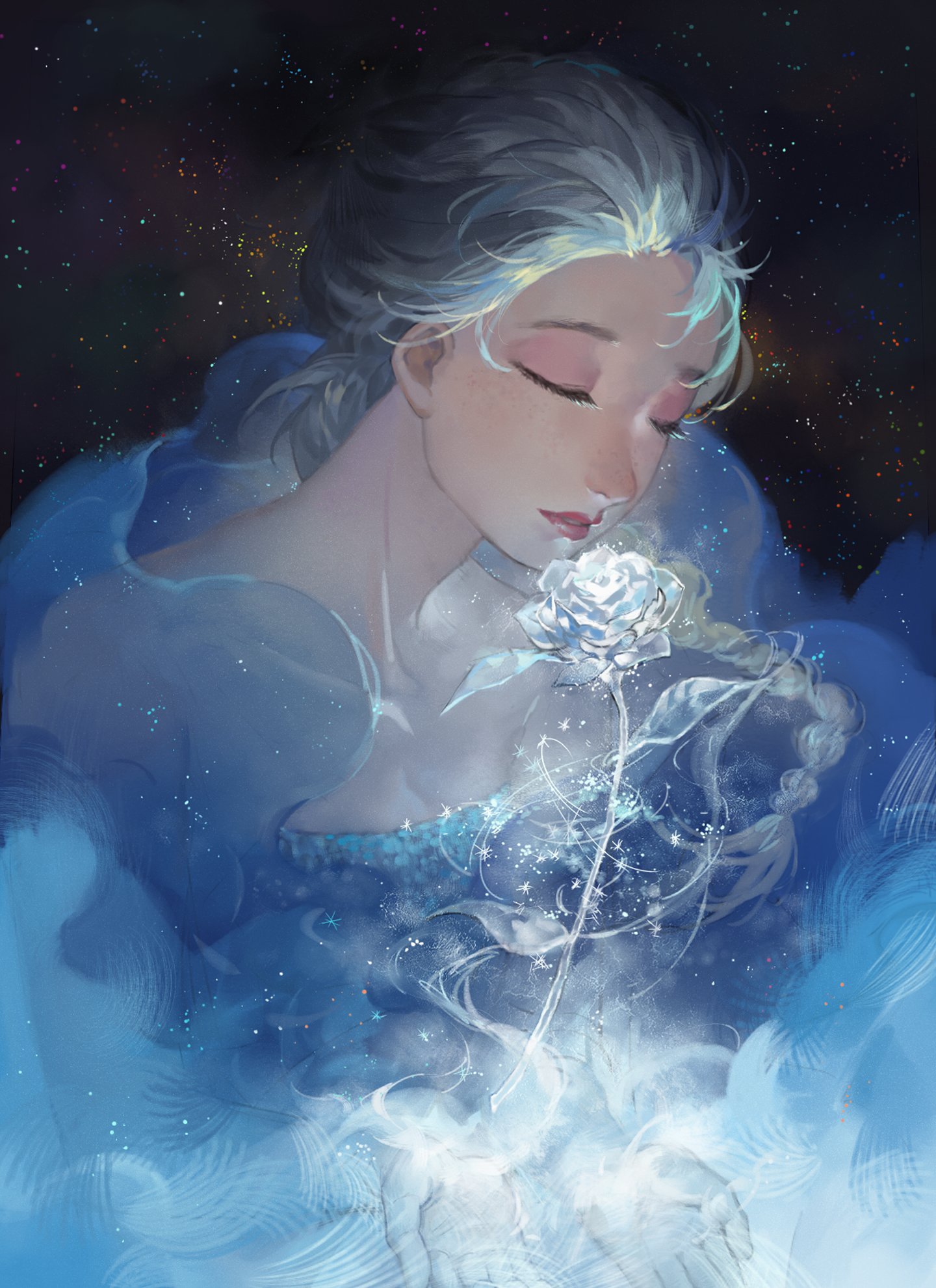 frozen, Disney, Elsa, Rose, Long, Hair, Flower, Stars, Cartoon
