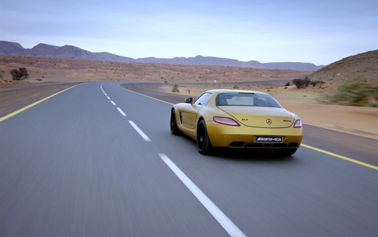 mercedes, Sls amg, Cars, Desert, Speed, Motors, Golden, Road HD Wallpaper Desktop Background