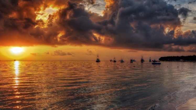 sunset, Clouds, Beach, Boats HD Wallpaper Desktop Background