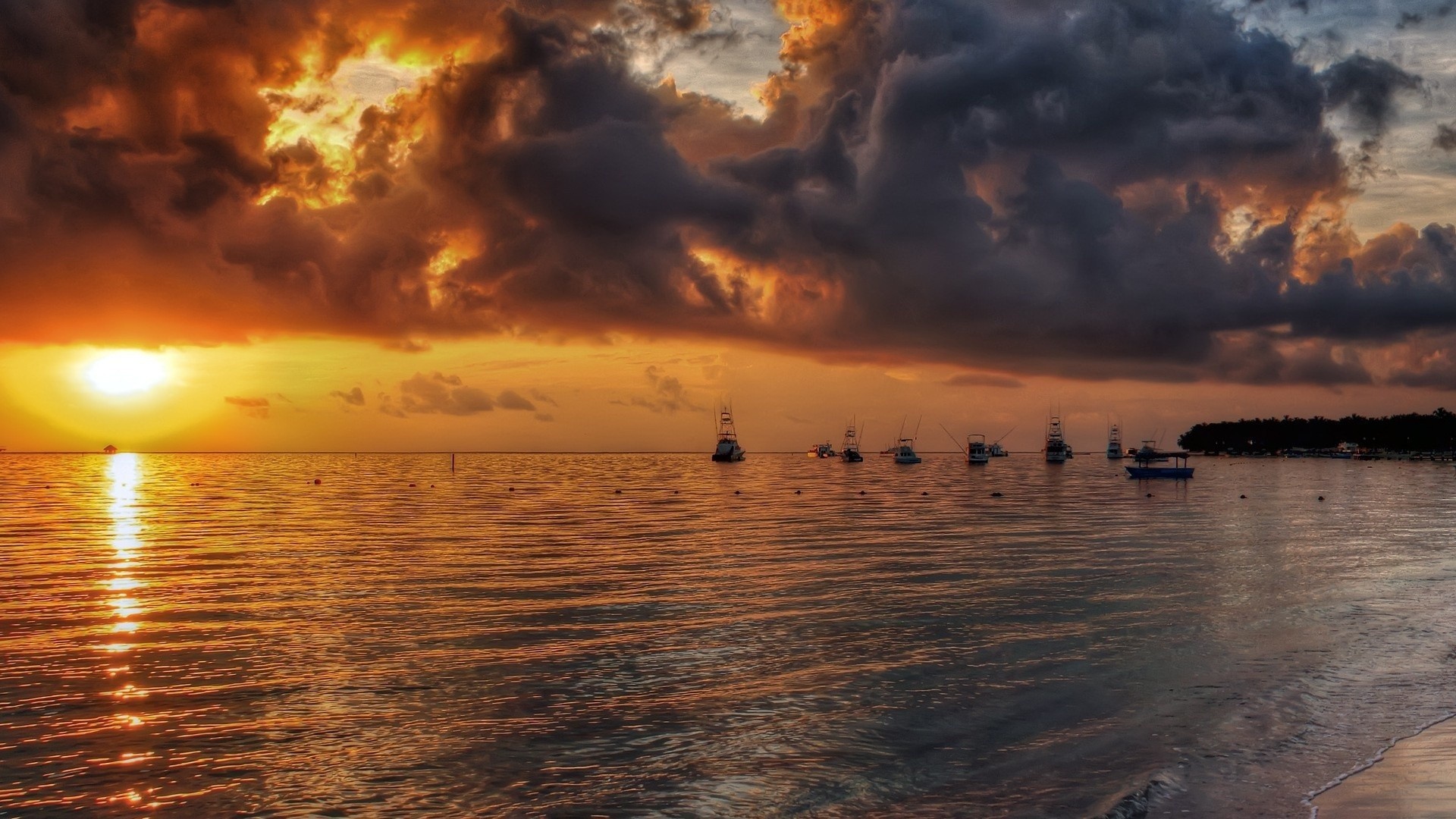 sunset, Clouds, Beach, Boats Wallpaper