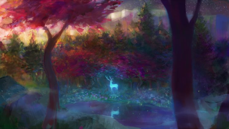animal, Fantasy, Forest, Tree,  trees , Water, Deer HD Wallpaper Desktop Background