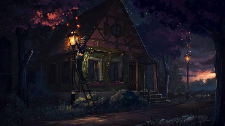 original, Fantasy, Painting, Male, Hat, Tree, Plant, Building, Lantern, House HD Wallpaper Desktop Background