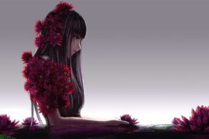flower, Anime, Girl, Alone, Long, Hair, Lotus