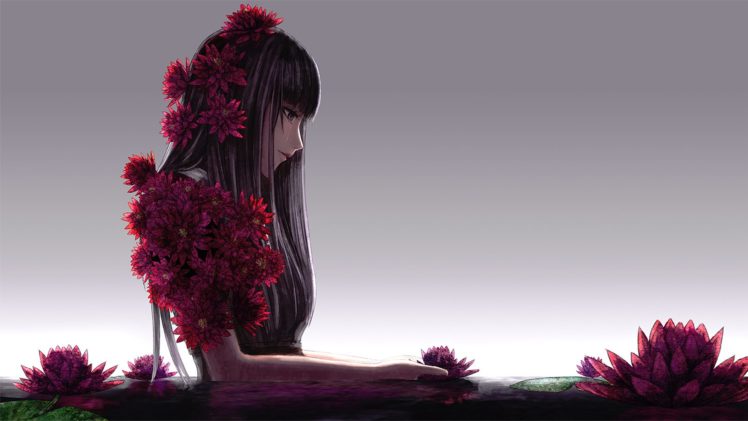 flower, Anime, Girl, Alone, Long, Hair, Lotus HD Wallpaper Desktop Background