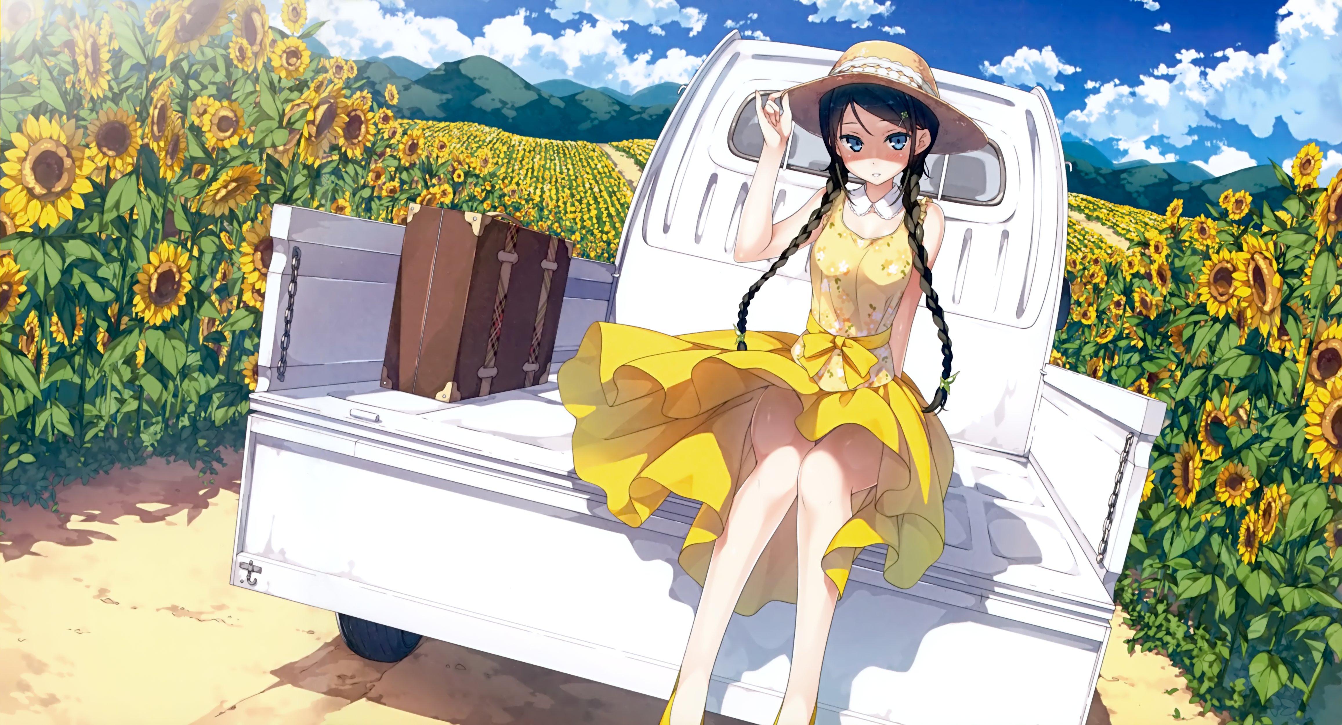 original, Anime, Girl, Sunflower, Sunshine, Sunlight, Yellow, Dress, Car, Summer, Long, Hair Wallpaper