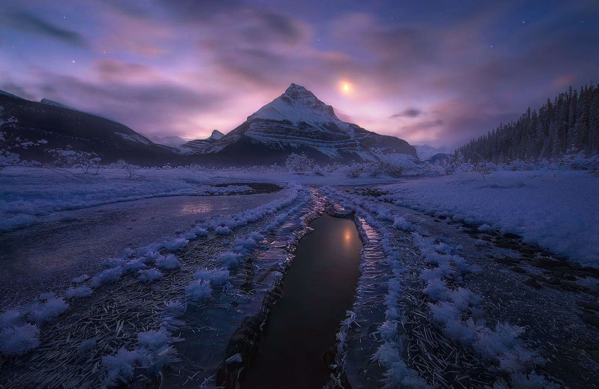 canada, Alberta, Jasper, National, Park, Winter, Snow, Mountains, Night, Moonlight Wallpaper