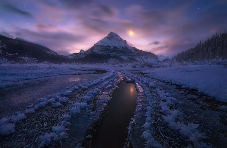 canada, Alberta, Jasper, National, Park, Winter, Snow, Mountains, Night, Moonlight HD Wallpaper Desktop Background