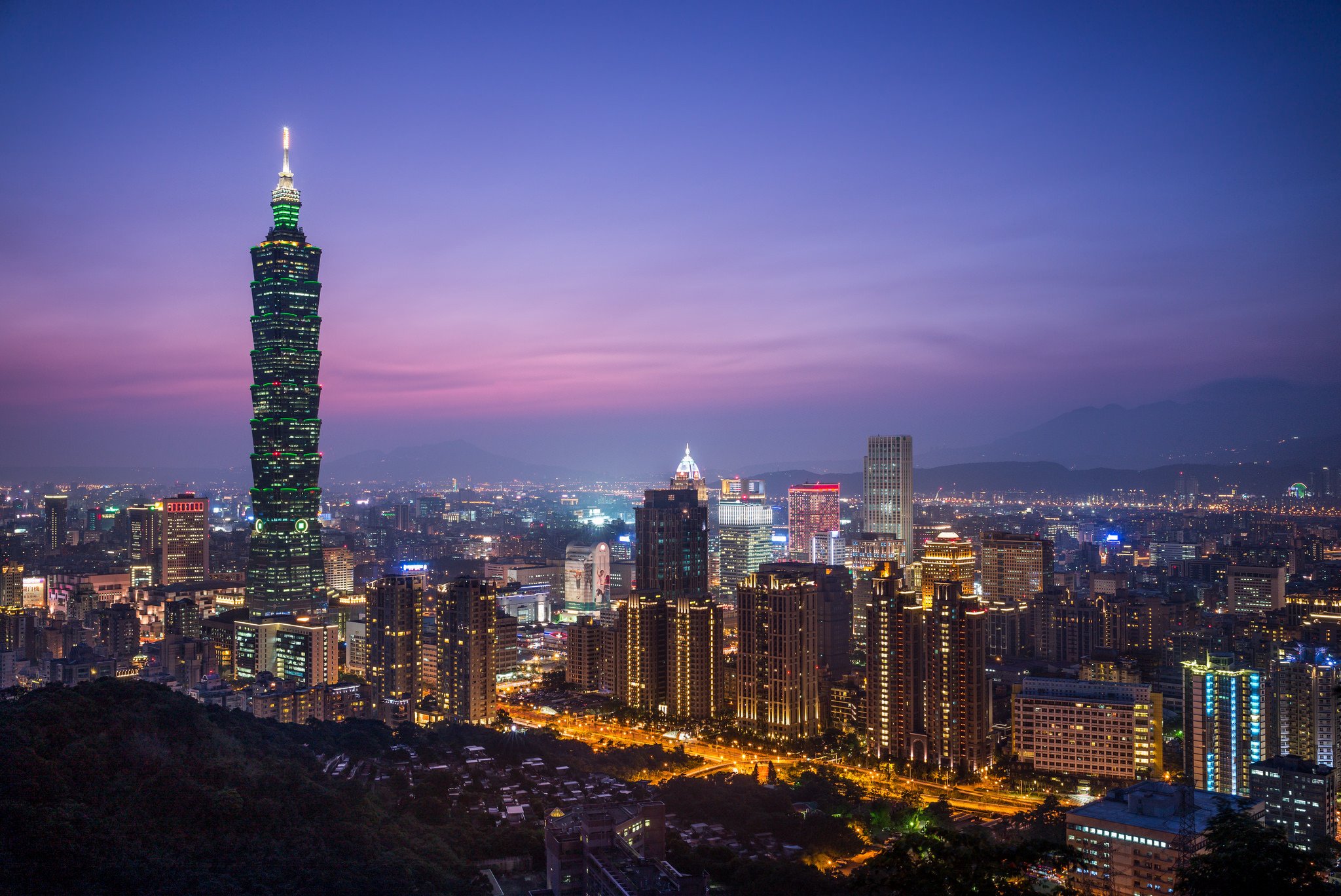 china, Taiwan, Taipei, Sunset, Evening, Night, City, Lilac, Purple, Sky, Skyscraper, Tower, Building, House, Lights, Lighting, Height, Landscape Wallpaper