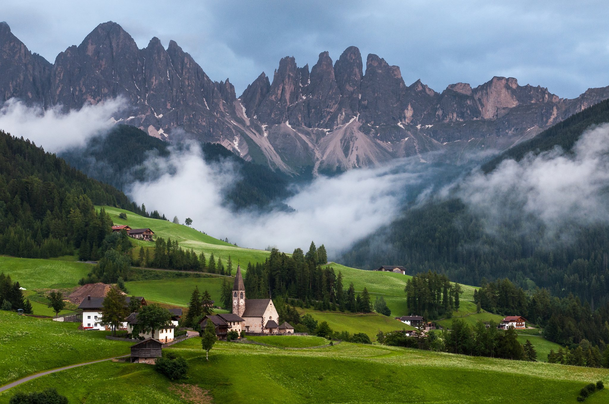 dolomiti, Dolomites, Mountains, Clouds, Forest, Trees, Grass, Church, Home, Nature, Landscape Wallpaper