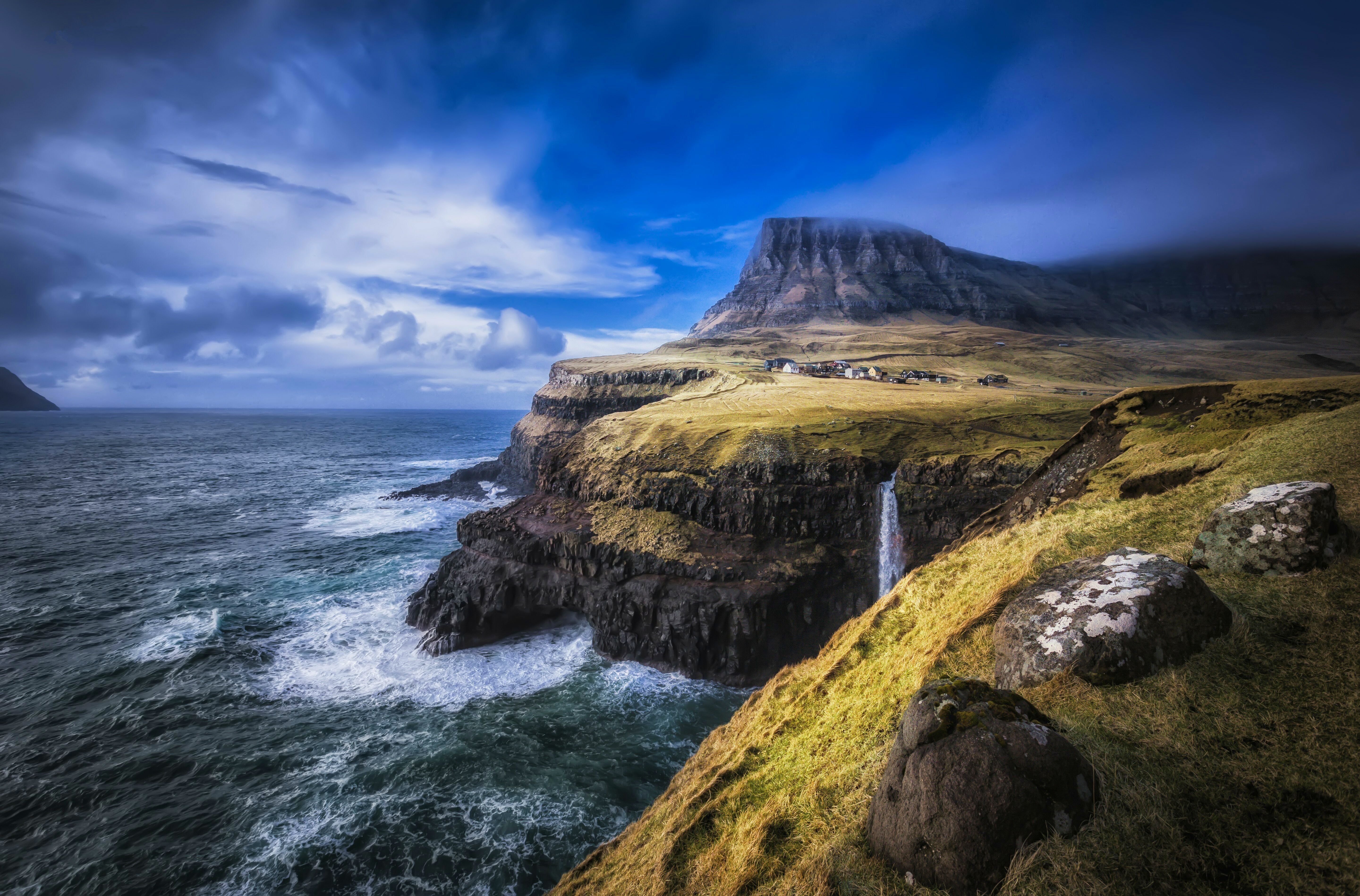 faroe, Islands, North, Atlantic, Landscape, Waterfall, Ocean, Sea, Cliff, Coast Wallpaper