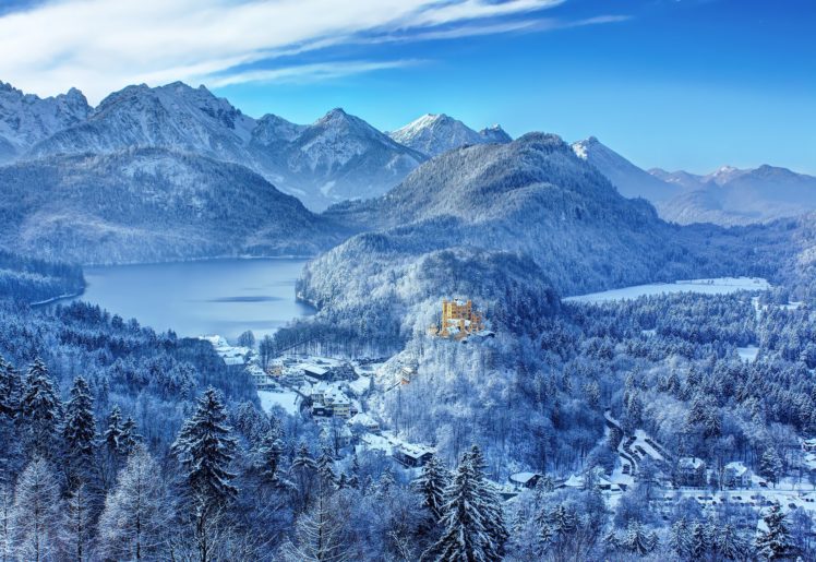 germany, Southern, Bavaria, Castle, Hohenschwangau, Hohenswangau, Winter, Snow, Mountains, Lake, Forest HD Wallpaper Desktop Background