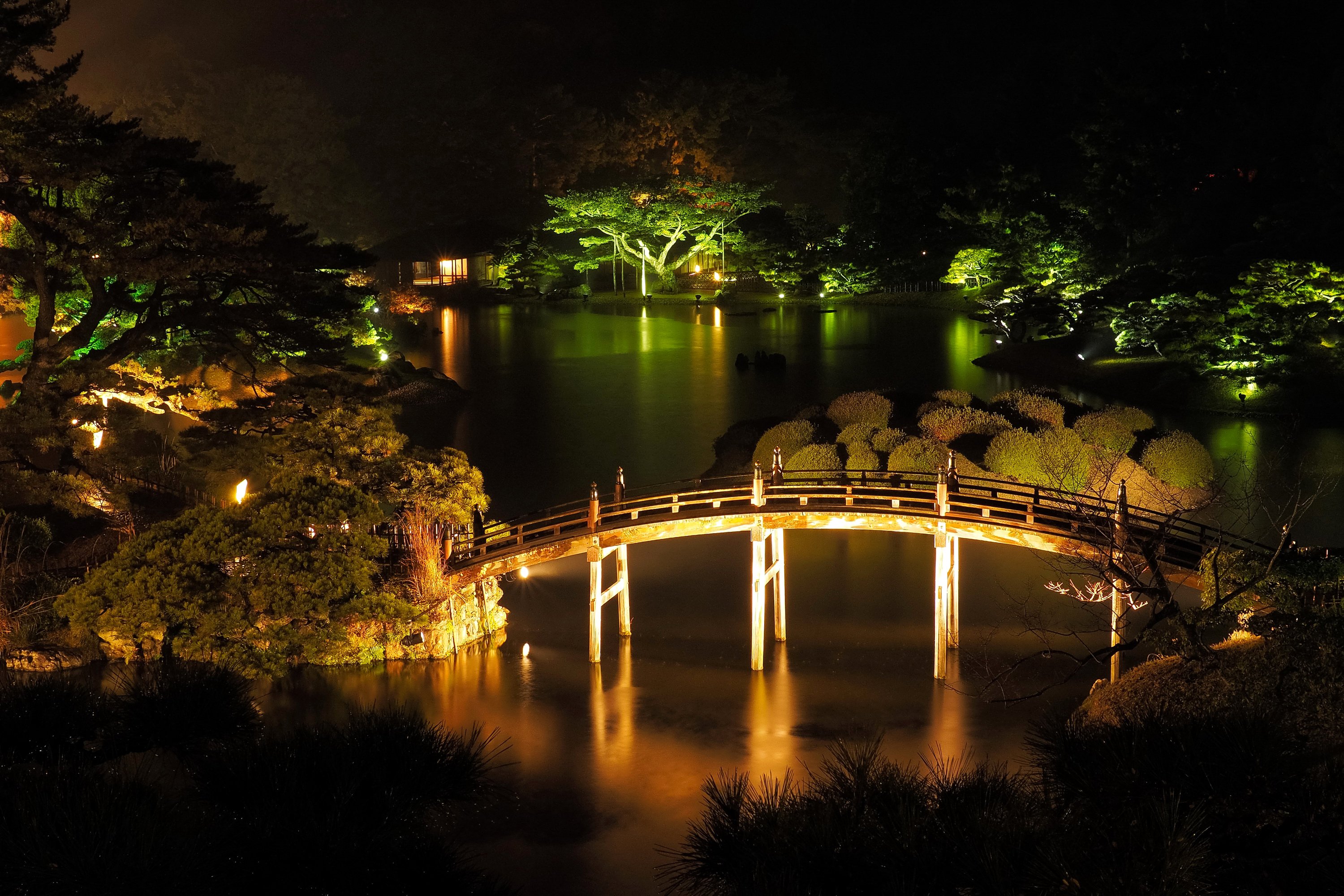 japan, Parks, Rivers, Bridges, Takamatsu, Ritsurin, Garden, Night, Nature Wallpaper