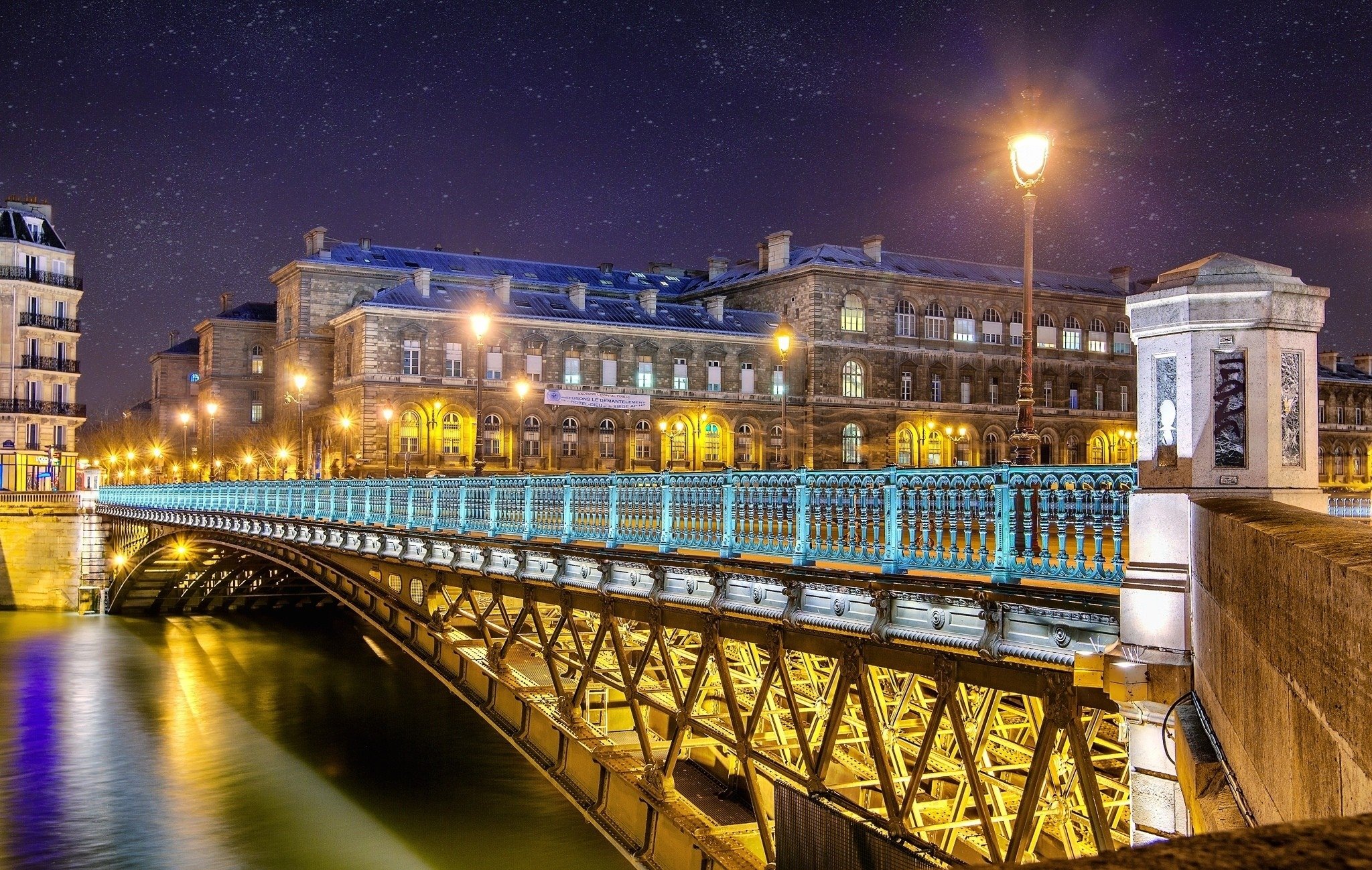 lights, Night, River, France, Cities, Bridge Wallpaper