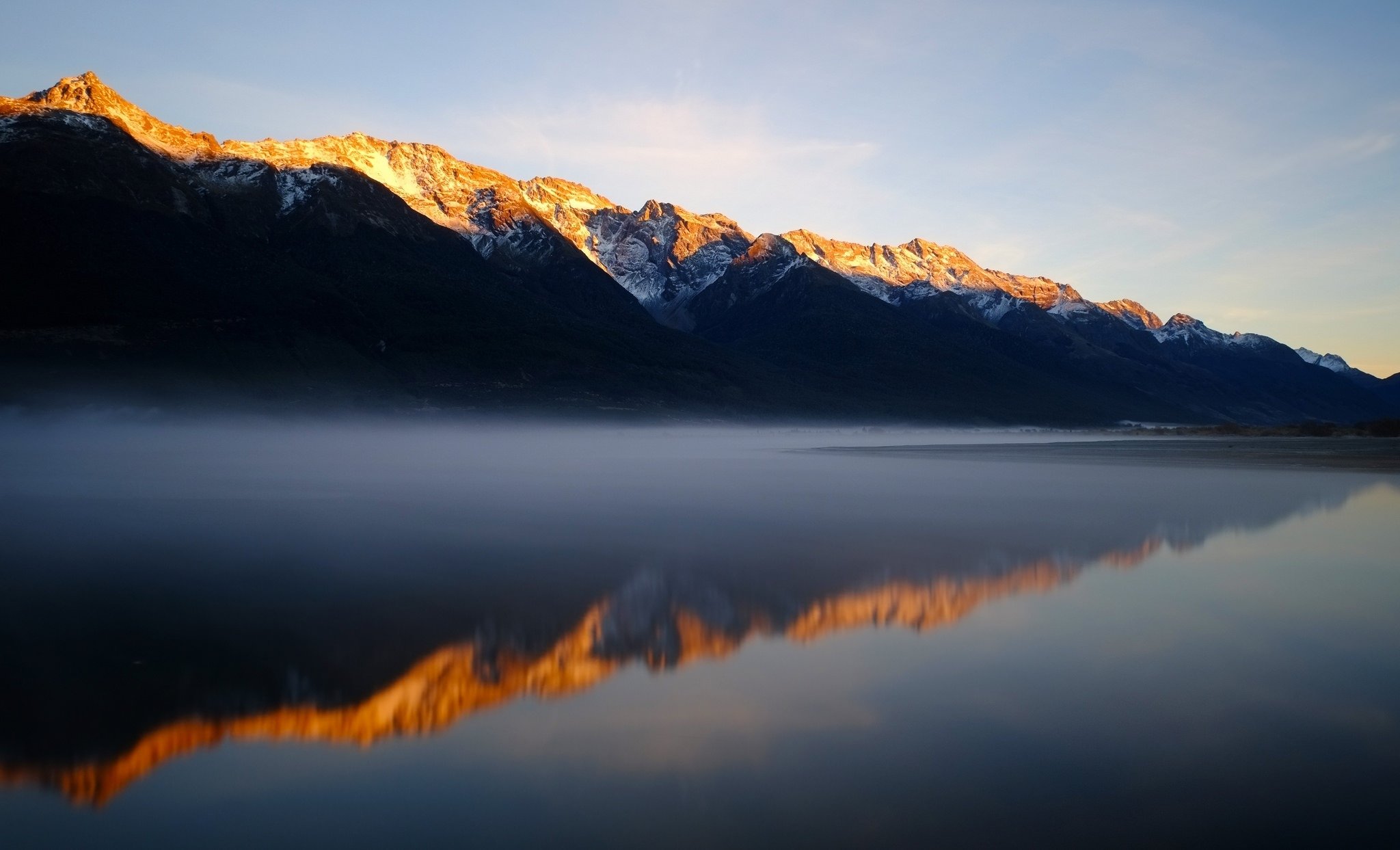 mountains, Snow, Lake, Water, Dawn, Fog, Reflection, Nature, Landscape Wallpaper