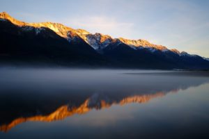 mountains, Snow, Lake, Water, Dawn, Fog, Reflection, Nature, Landscape