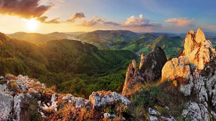 mountains, Rocks, Forest, Trees, Nature, Sunset, Sky, Cloud HD Wallpaper Desktop Background