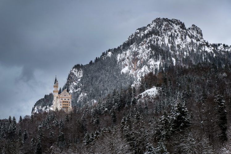 neuschwanstein, Castle, Bavaria, Germany, Castle, Mountain, Forest, Winter HD Wallpaper Desktop Background