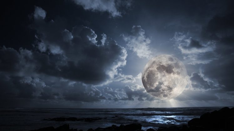 night, Sea, Clouds, Moon HD Wallpaper Desktop Background
