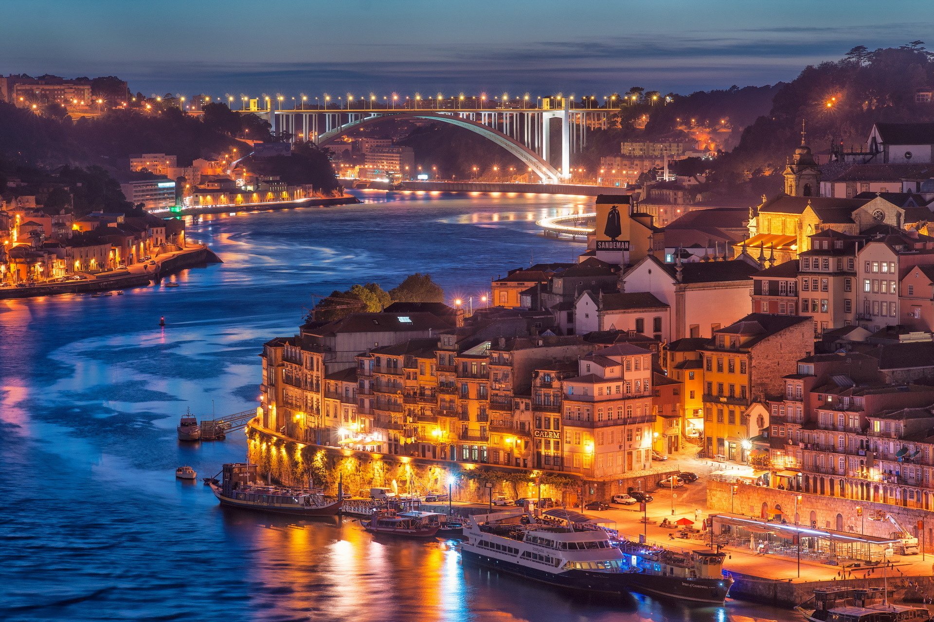 portugal, Sunset, Evening, River, Water, Cities, Buildings, Houses, Bridges, Lights, Boats, Landscape Wallpaper