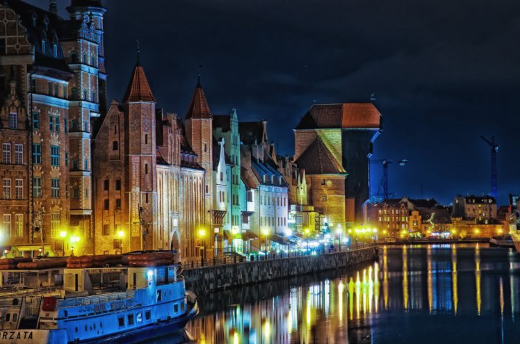 poland, Houses, Rivers, Gdansk, Night, Street, Lights, Citie HD Wallpaper Desktop Background
