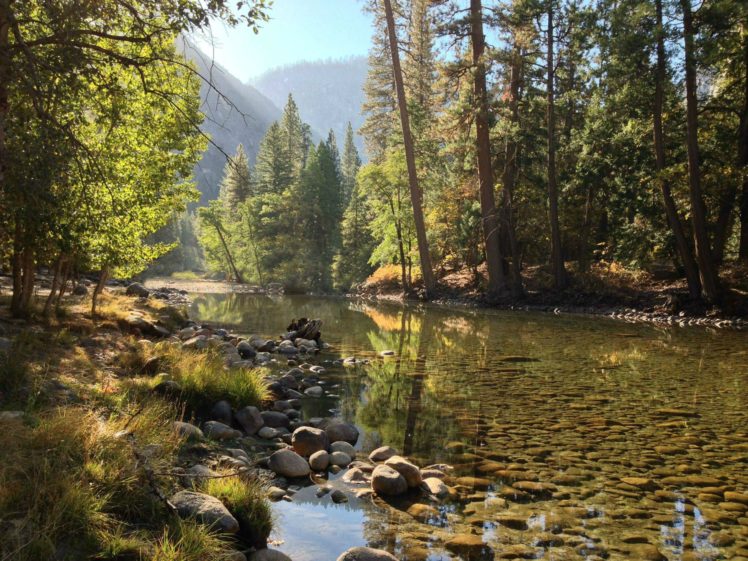 river, Rocks, Mountains, Reflection, Forest, Trees, Yosemite, National, Park HD Wallpaper Desktop Background
