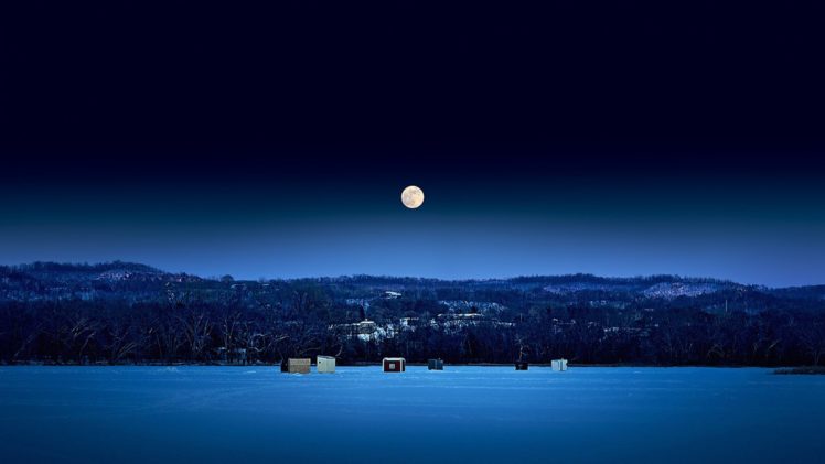 river, Trees, Winter, Mountain, Night, Nature, Snow, Moon, Fishing HD Wallpaper Desktop Background
