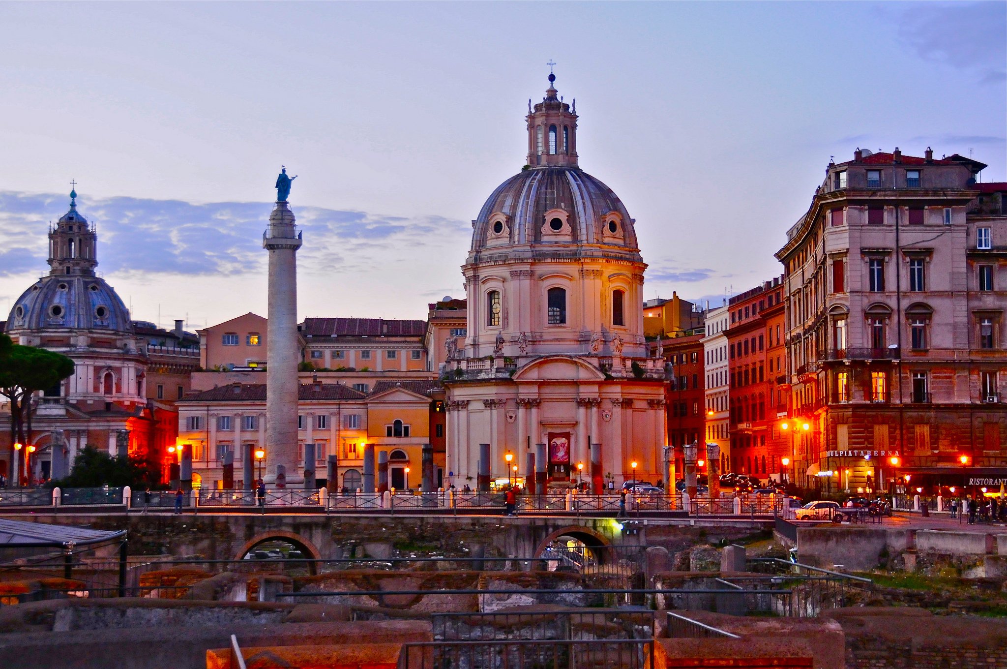 rome, Italy, Rome, Italy, Night, Sunset, Buildings, Houses, Churches, Column, Monument, Architecture, Ruins, Light, City Wallpaper